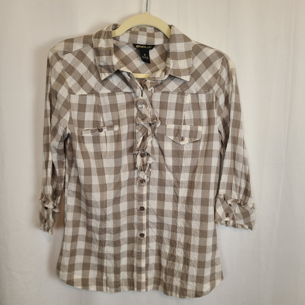 O'Neil plaid button down juniors size M cream and light brown 3/4 sleeves